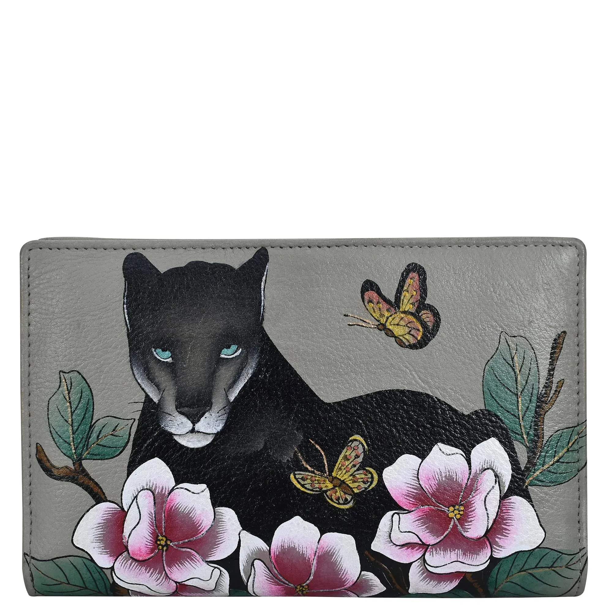 Women&#039;s Hand-Painted Genuine Leather Two Fold Wallet - Garden Panther