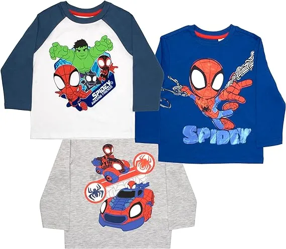 Marvel Spidey and His Amazing Friends Spider-Man Long Sleeve Tees 3 Pack, Spiderman T-Shirt 3-Pack Bundle Set for Boys