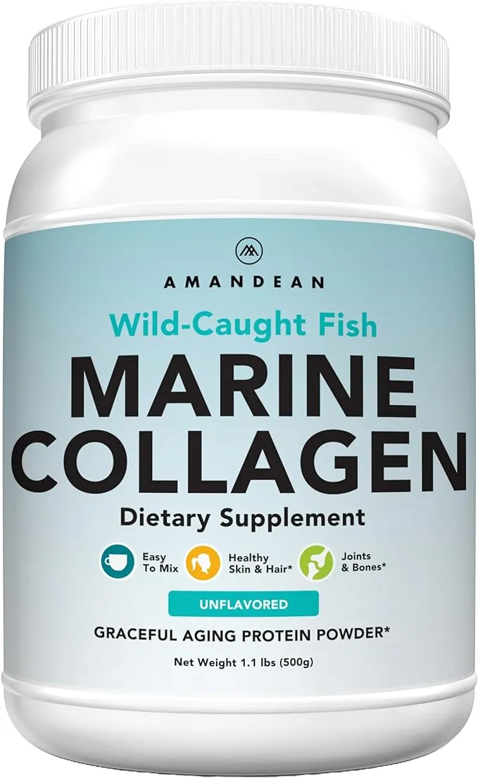 AMANDEAN Premium Anti-Aging Marine Collagen Peptides Powder. 500g Wild-Caught Hydrolyzed Fish Collagen Supplement. Type 1 & 3 Collagen Protein. 18 Amino Acids for Skin, Hair, Nails.