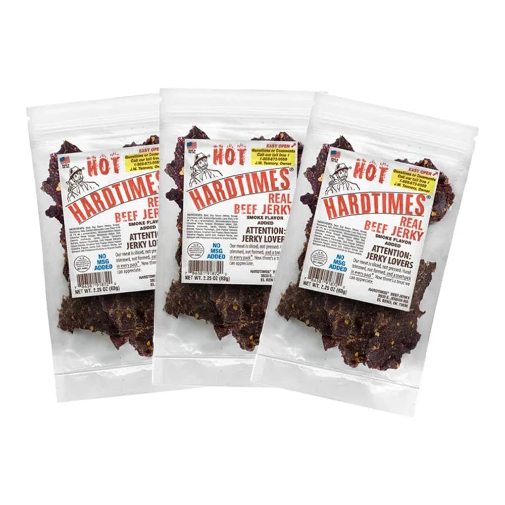 Hardtimes Handcrafted Beef Jerky - Hot Flavor - 3 Pack of 2.25 oz. Bags