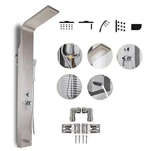 Happybuy 5 in1 Shower Panel Tower System Brushed Silver Stainless Steel Multi-Function Shower Panel with Spout Rainfall Waterfall Massage Jets Tub Spout Hand Shower for Home Hotel Resort Split Type