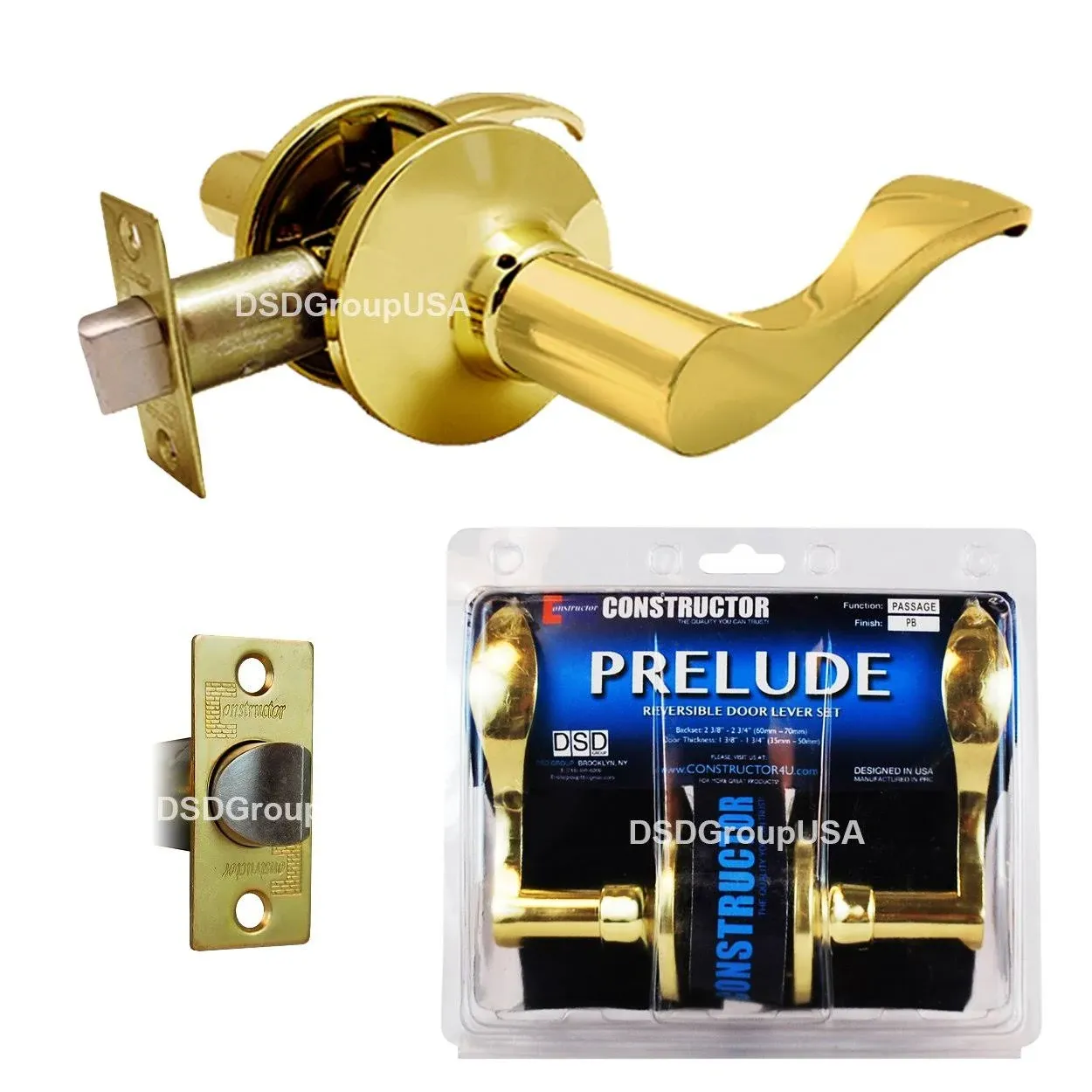 Prelude Passage by Constructor Lever Door Lock Set Polished Brass Finish for Hallway Closet CON-PRE-PB-PS