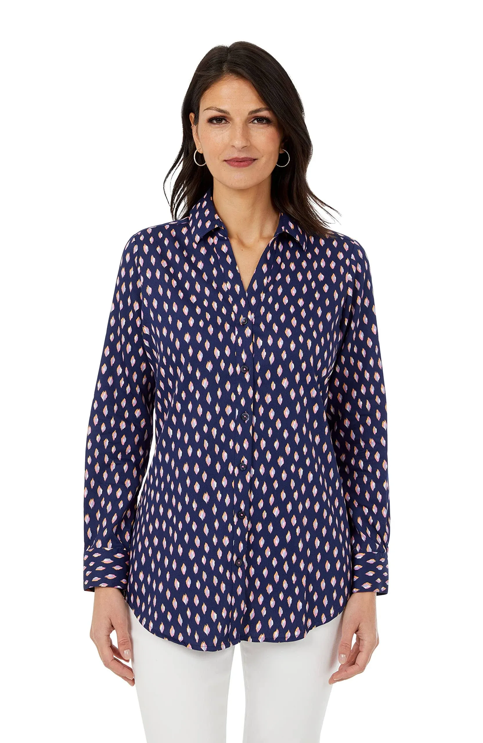 Foxcroft Women's Faith Point Collar Long Sleeve Ikat Dot Tunic