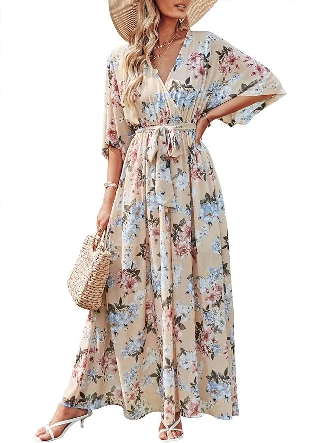 ANRABESS Women’s Summer Loose Boho Flowy Wrap V Neck 3/4 Sleeve Floral Print Slit Beach Wedding Guest Long Maxi Dresses 2024