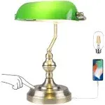 Green Glass Bankers Desk Lamp,Vintage Desk Lamp Touch Control, 3 Way Dimmable Table Lamp with USB Charging Port, Mid Century Banker's Desk Lamp for Home Office Library Antique Brass