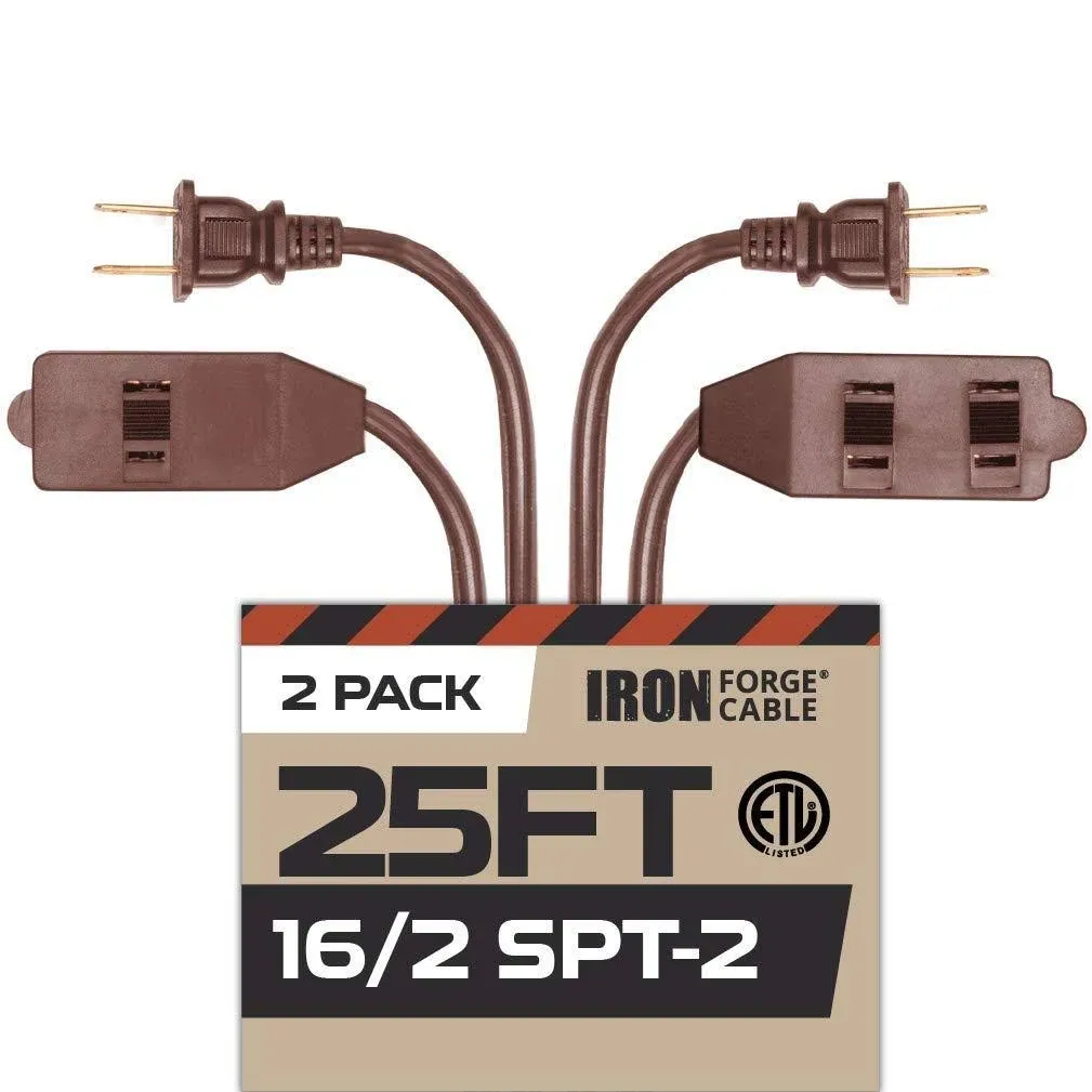 25 Ft Brown Extension Cord 2 Pack - 16/2 Durable Electrical Cable