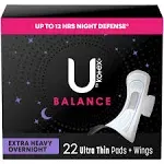 U by Kotex Balance Ultra Thin Extra Heavy Absorbency Overnight Pads with Wings - 22 ct