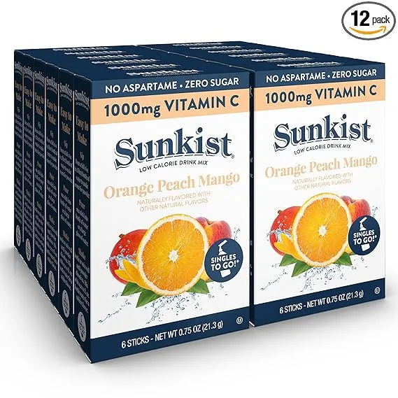 Sunkist Singles to Go Drink Mix Packets, Orange Peach Mango, 6-Count per Box ...