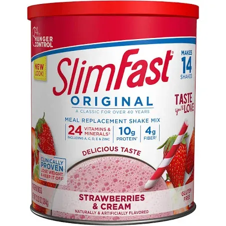 SlimFast Meal Replacement Powder, Original Strawberries & Cream, Weight Loss Shake Mix, 10g of Protein, 14 Servings