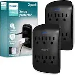 Philips 6-Outlet Extender Surge Protector, 900 Joules, 3-Prong, Space Saving Design, Protection Indicator LED Light, 2 Pack, Black, SPP3466BC/37