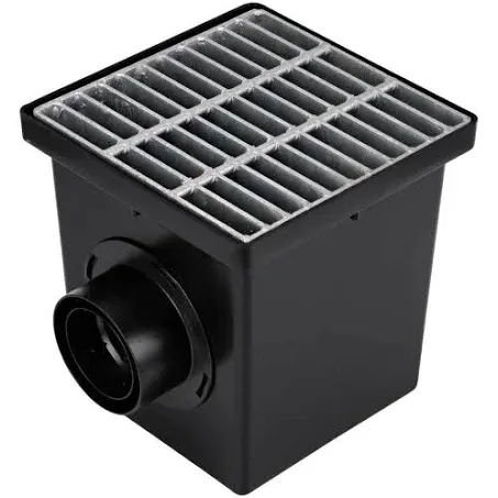 12 in. Plastic Square Drainage Catch Basin, 2 Opening Kit with Metal Grate