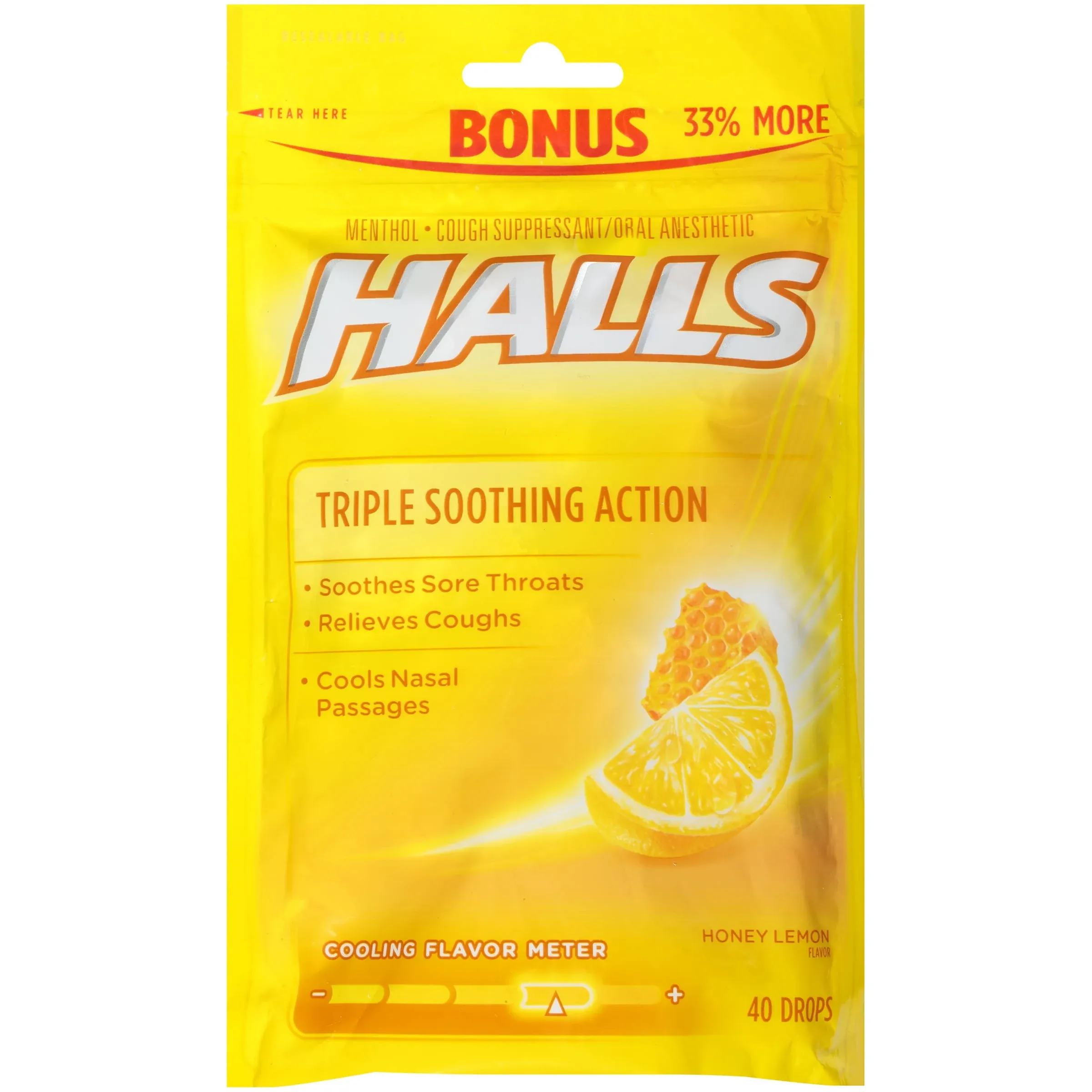 HALLS Relief Honey Lemon Flavor Cough Drops, 1 Bag (40 Total Drops)