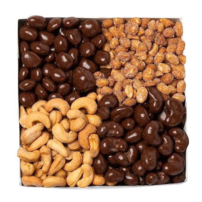 Nuts.com – Sweet and Salty Gift Tray for Fall, Thanksgiving, Christmas, and Holiday Gifts — Healthy Snack Sampler Box, 1.25 Lbs of Roasted Cashews, Peanuts, Chocolate-Covered Raisins