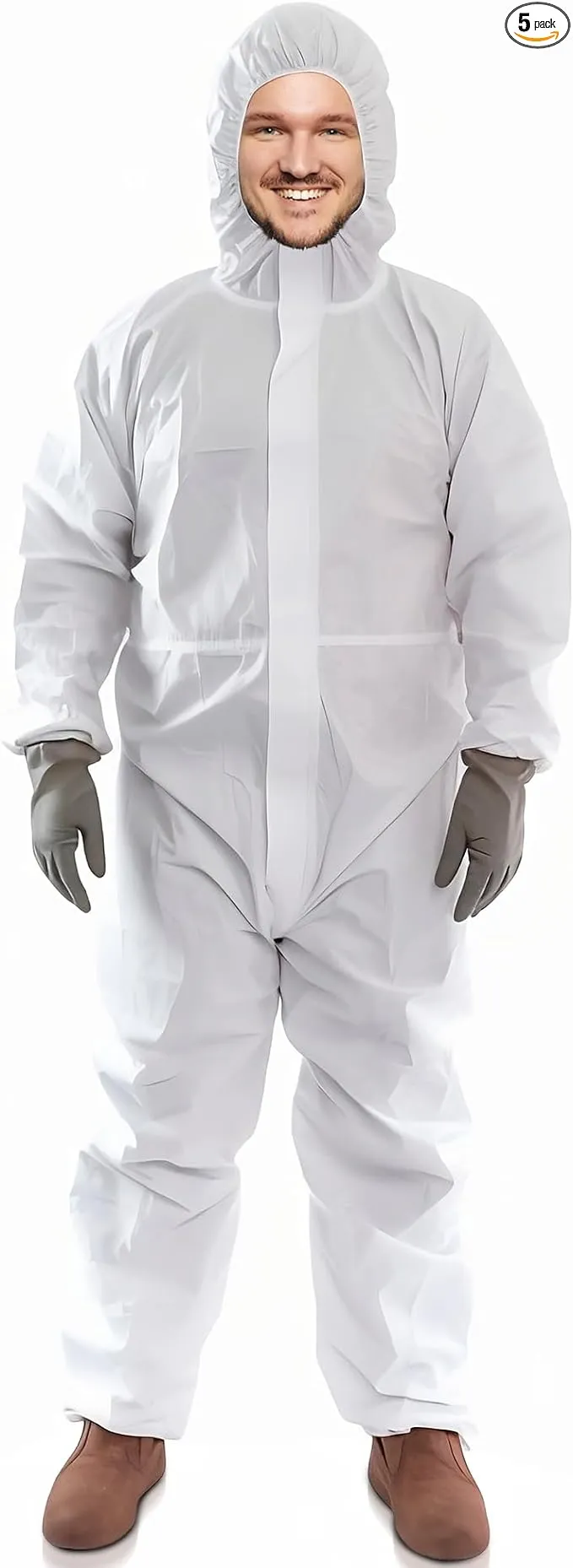 AMZ Disposable Coveralls with Hood, Medium. Pack of 5 White Microporous Lab Coveralls Disposable. 60 GSM Painters Suit Disposable with Storm Flap Zipper Cover. Painters Suit Disposable. Hazmat Suit