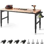 VEVOR Adjustable Workbench, 72" L x 25" W Garage Worktable with Universal Wheels, 28-39.5" Heights & 3000 lbs Load Capacity, with Power Outlets & Hard