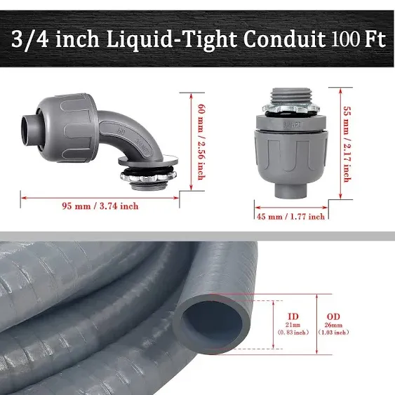 3/4 inch 100Ft Liquid-Tight Conduit Kit, Flexible Non Metallic Electrical Conduit, with 6 Straight and 5 Angle Fittings Included. 3/4" Dia