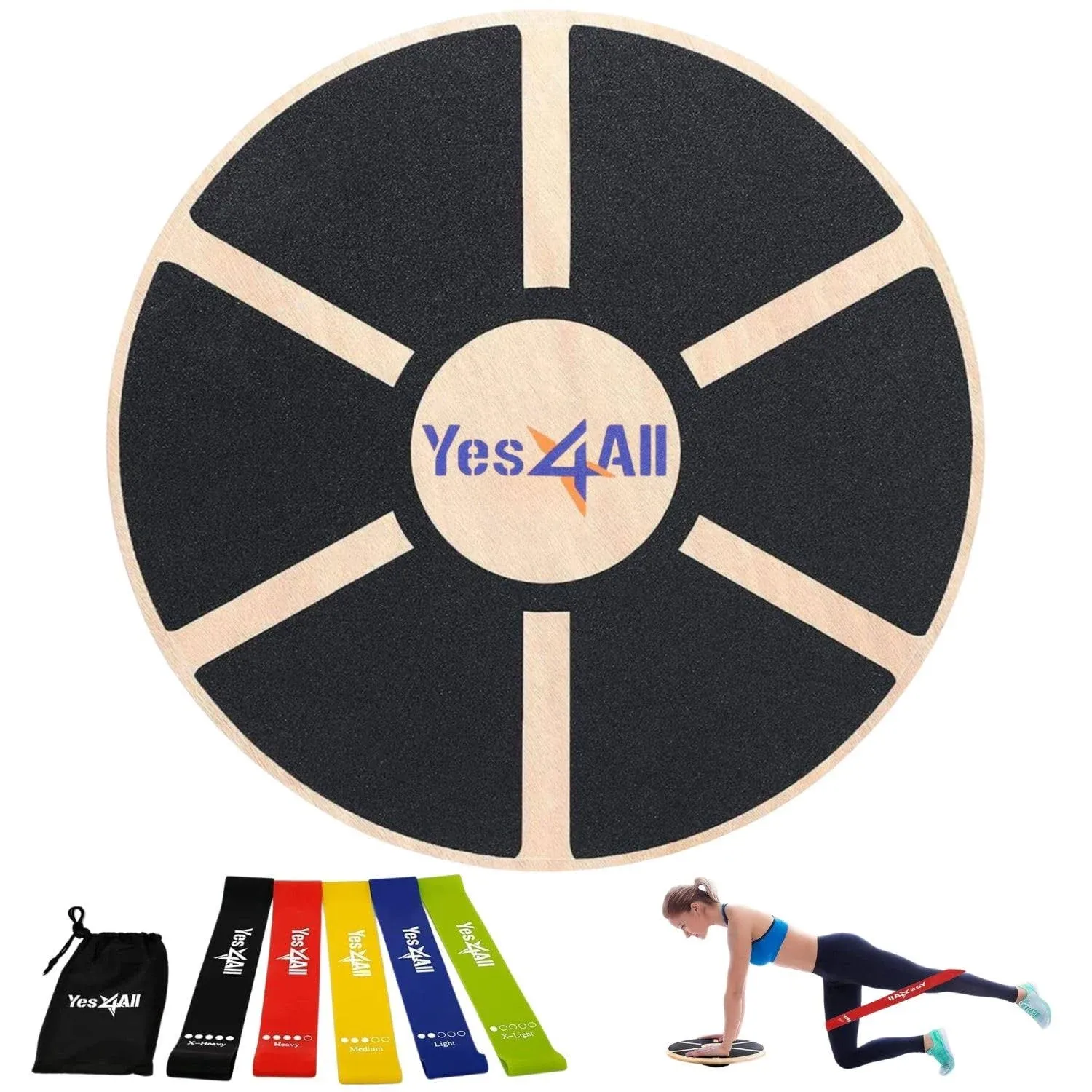 Yes4all Special Combo: Wooden Wobble Balance Board & Resistance Loop Bands