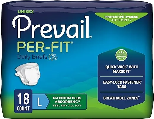 Prevail Per-Fit Incontinence Briefs, Maximum Plus Absorbency, Large, 18 Count