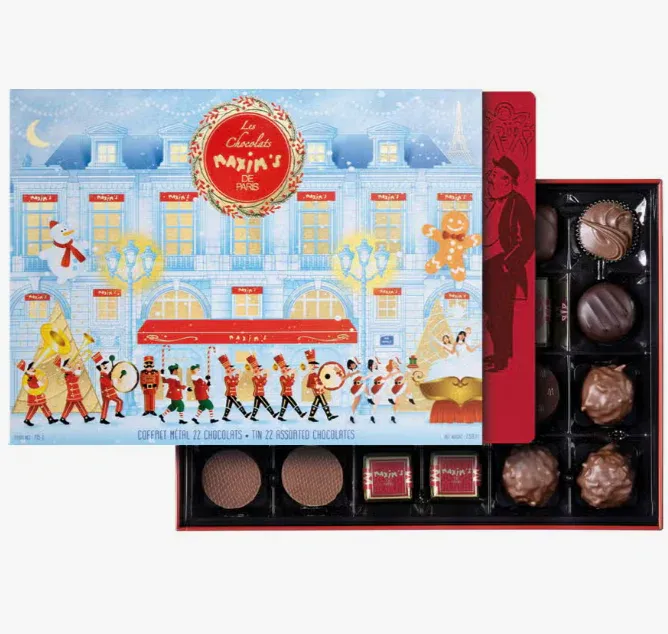 "Maxim's de Paris, Christmas 2023 Assortment Box of 22 French Chocolates in Tin"