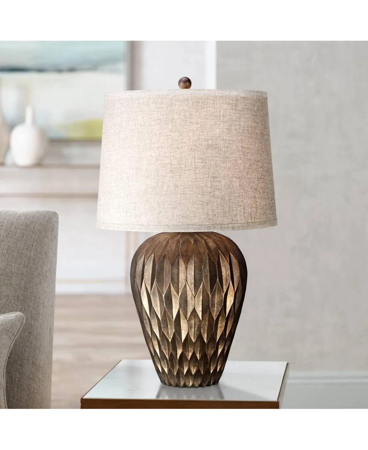 Possini Euro Design Buckhead Modern Table Lamp 28" Tall Warm Bronze Brown Geometric Textured Urn Tapered Fabric Drum Shade for Bedroom Living Room House Home Bedside Nightstand Office Entryway Kids