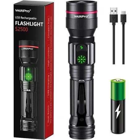 WdtPro Flashlights Rechargeable, 2000 High Lumens Super Bright LED Flashlight Portable, 5 Modes Dual Switch Tactical Flashlight with Clip, Waterproof Zoomable for Camping Emergency, Battery Included