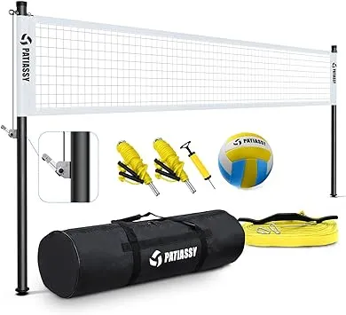 Portable Professional Outdoor Volleyball Net Set with Adjustable Height Aluminum Poles, Winch System, Volleyball with Pump and Carrying Bag for Backyard Beach