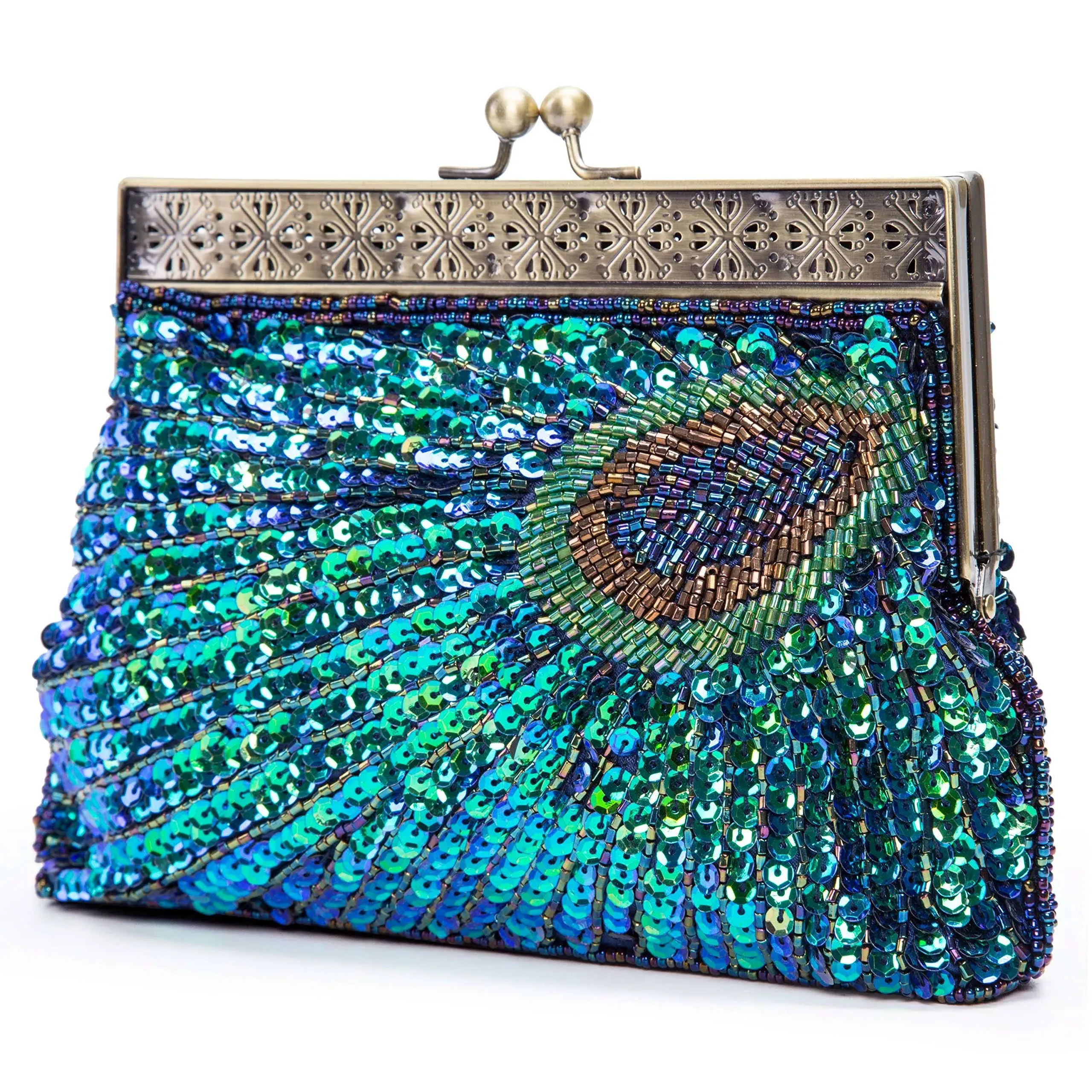 Women&#039;s Beaded Sequin Peacock Evening Clutch Bags Party Wedding Purse Handbag