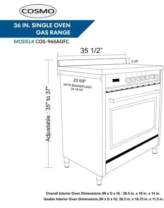 Cosmo 36 in. 3.8 cu. ft. Single Oven Gas Range with 5 Burner Cooktop and Heavy Duty Cast Iron Grates in Stainless Steel COS-965AG