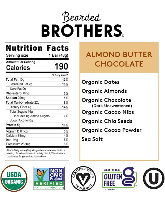 Bearded Brothers Organic Vegan Protein Energy Bars - Gluten and Soy Free, Paleo, Whole 30 | Non GMO, Low Glycemic, High Protein | 12 Pack Almond Butter Chocolate