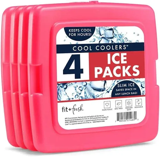 Cool Coolers by Fit & Fresh 4 Pack Slim Ice Packs, Quick Freeze Space Saving Reusable Ice Packs for Lunch Boxes or Coolers, Pink