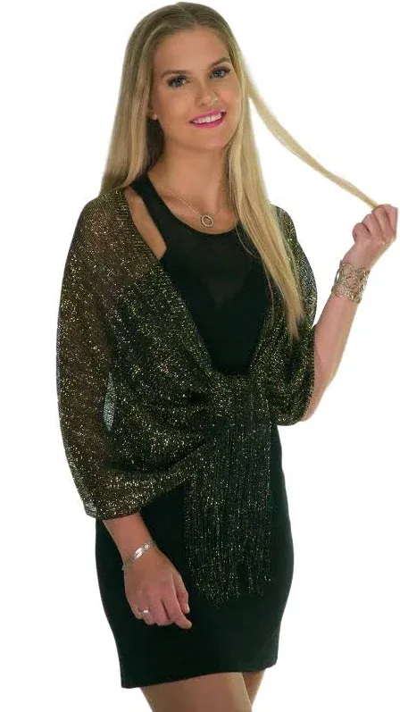 ShineGlitz Shawls and Wraps for Evening Dresses, Metallic Sparkle Womens Wedding Black Gold