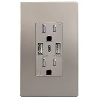 TOPGREENER USB Outlet, 3-Port Type C 3.6A 18W USB Wall Outlet, 15 Amp Tamper-Resistant Receptacle Plug, Charging Power Outlet with USB Ports, UL Listed, TU21536AC3-NK, Nickel with Wall Plate