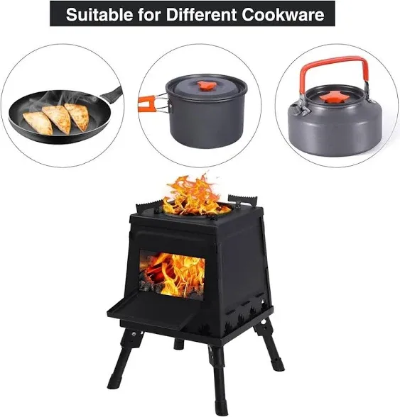 Wood Burning Camp Stove, Portable Cast Iron Camping Wood Stove, Black Woodstove 