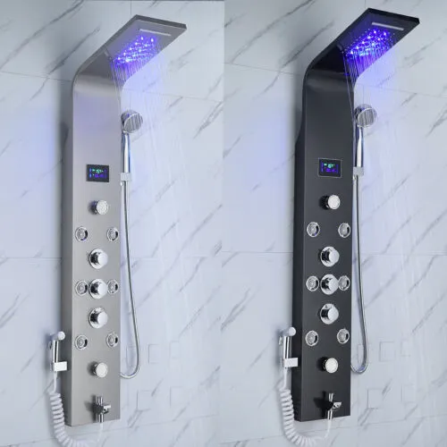 LED Shower Panel Tower Rain&amp;Waterfall Massage Body Jets System Stainless Steel