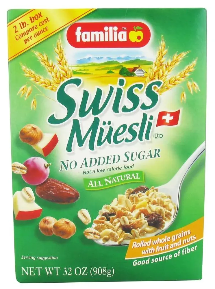 Familia Swiss Muesli Cereal, 0g Added Sugar, Energy-Packed Cereal with Raisins, Hazelnuts and Almonds, 29 Ounce Box (Pack of 1)