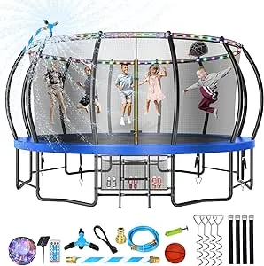 Large Outdoor Trampoline with Basketball Hoop, 10 12 14 15 16FT Trampoline with Lights for Kids and Adults, Recreational Trampoline with Sprinkler and Stakes