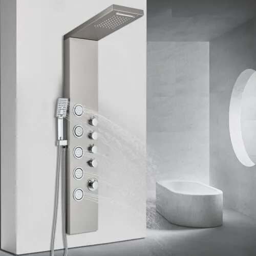 LED Shower Panel Tower System Rainfall Waterfall Shower 304 Stainless Steel Bathroom Shower Tower with 6 Brass Body Massage Spray Handheld Shower  Bathtub Spout Black