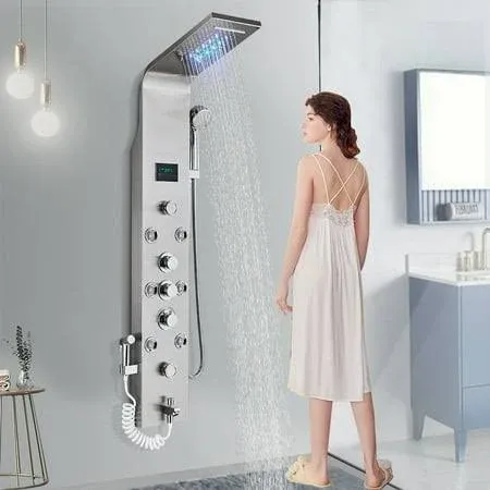 Stainless Steel LED Shower Panel Tower Rain&Waterfall Massage Body Jets System, Size: As The Picture, Silver LLT8009