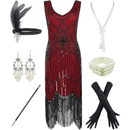 1920s Gatsby Sequin Fringed Paisley Flapper Dress + 20s Accessories Set XL Red