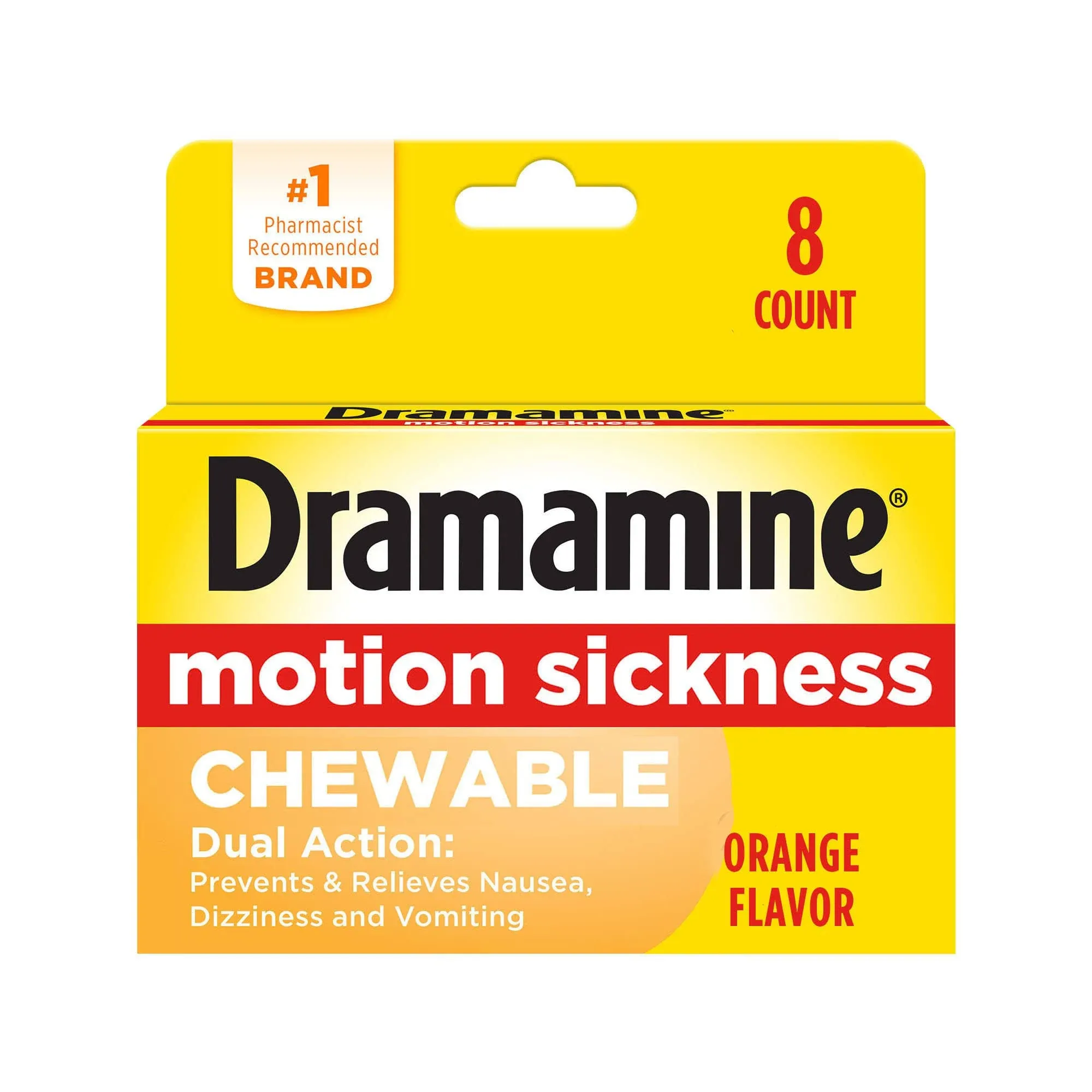 Dramamine Motion Sickness Relief Chewable Tablets, Orange Flavored, 8