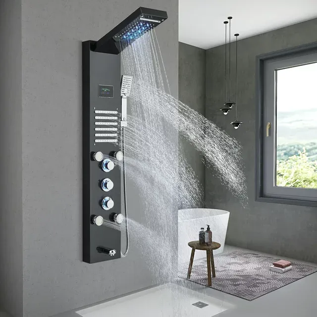 LED Shower Panel Tower System Rain&Waterfall Massage Black Stainless