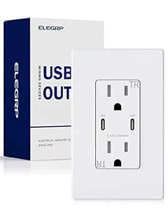 ELEGRP USB Outlet Receptacle, 30W Fast Charge & Power Delivery USB C Wall Outlet, 15 Amp Wall Outlet with USB C Ports, Tamper Resistant, UL Listed, Wall Plate Included, 1 Pack, Matte White