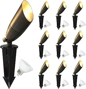 GKOLED UL Listed Solid Brass Landscape Spotlight, Low Voltage Outdoor Directional Uplight, with 5W MR16 LED Bulb & Large Rugged Slot Spike, 12V AC/DC Garden Patio Spot Up Light (10 Pack)