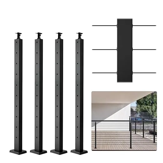 VEVOR Cable Railing Post, 36" x 1" x 2" Steel 30° Angled Hole Stair Railing Post, 10 Pre-Drilled Holes, SUS304 Stainless Steel Cable Rail Post with Horizontal and Curved Bracket, 1-Pack, Black