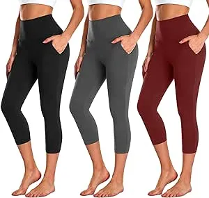 NEW YOUNG 3 Pack Capri Leggings for Women with Pockets-High Waisted Tummy Control Workout Gym Yoga Pants