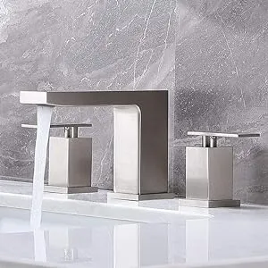 3 Hole Widespread Brushed Nickel Bathroom Faucet,Modern Waterfall 8 inch 2 Handle Bathroom Sink Faucet Vanity Bathroom Faucet for Sink 3 Hole with Pop Up Drain and Water Supply Lines