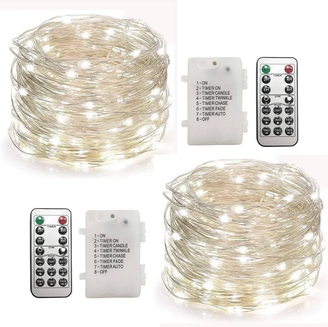 2 Pack 20 Feet 60 Cold White Led Fairy Lights Battery Operated with Remote Control Timer Waterproof Silver Copper Wire Twinkle String Lights for Party Bedroom Wedding Christmas Decorations