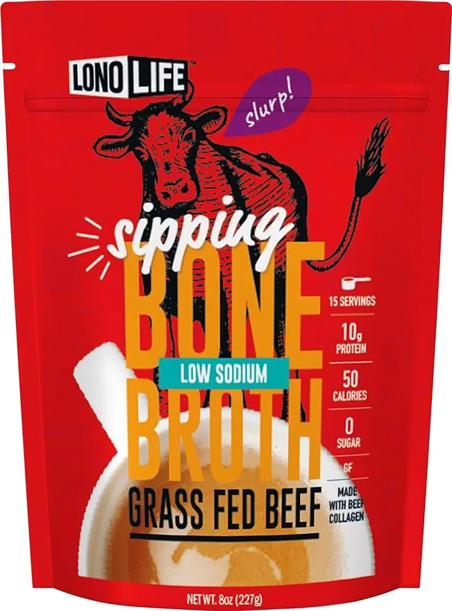 LonoLife Low-Sodium Grass-Fed Beef Bone Broth Powder with 10g Protein, 8 oz Bulk