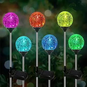 Solar Outdoor Lights - 6 Pack Crystal Cracked Glass LED Solar Garden Globe Light, Color-Changing Solar Stake Ball Light Auto On/Off, Solar Pathway Light for Landscape Patio Yard Halloween Decorations