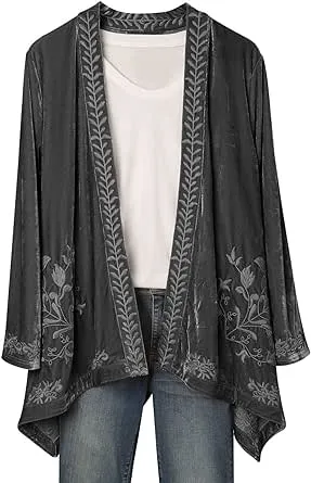 FLORIANA Womens Embroidered Kimono Cardigan Velvet Blazer Open Front Kimono Top